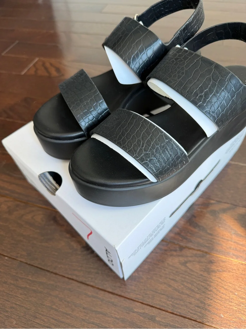 Aldo Black Croc-Texture Platform Sandals size 7